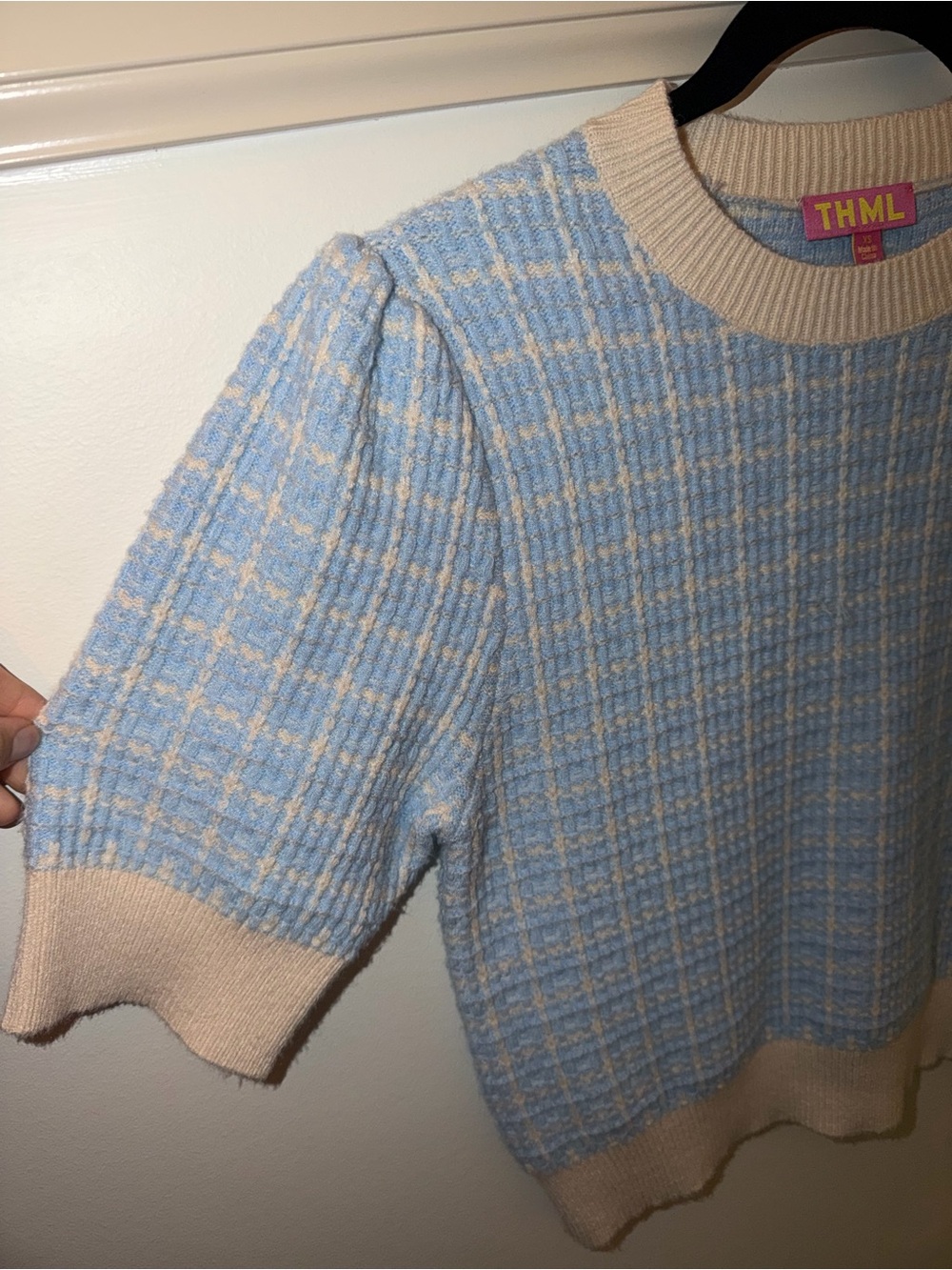 Preppy Light Blue and White Gingham/Tweed Pattern Sweater Blouse Size XS - Picture 3 of 5